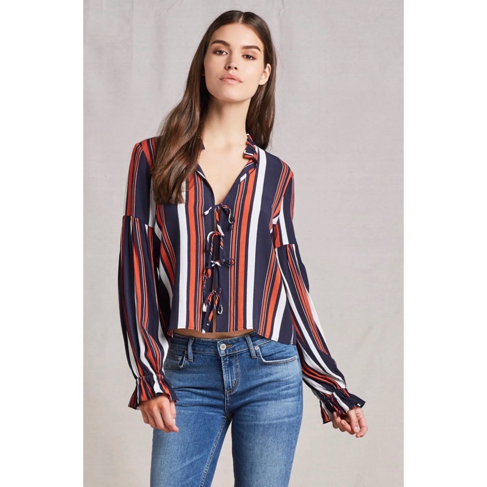 Tularosa Revolve Nala blouse navy blue orange 70’s striped ties ruffle